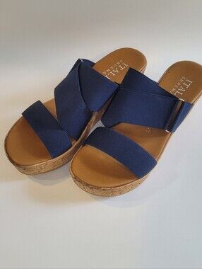 Italian Shoemakers Navy Blue Elastic Cross Strap Wedge Sandals 7.5